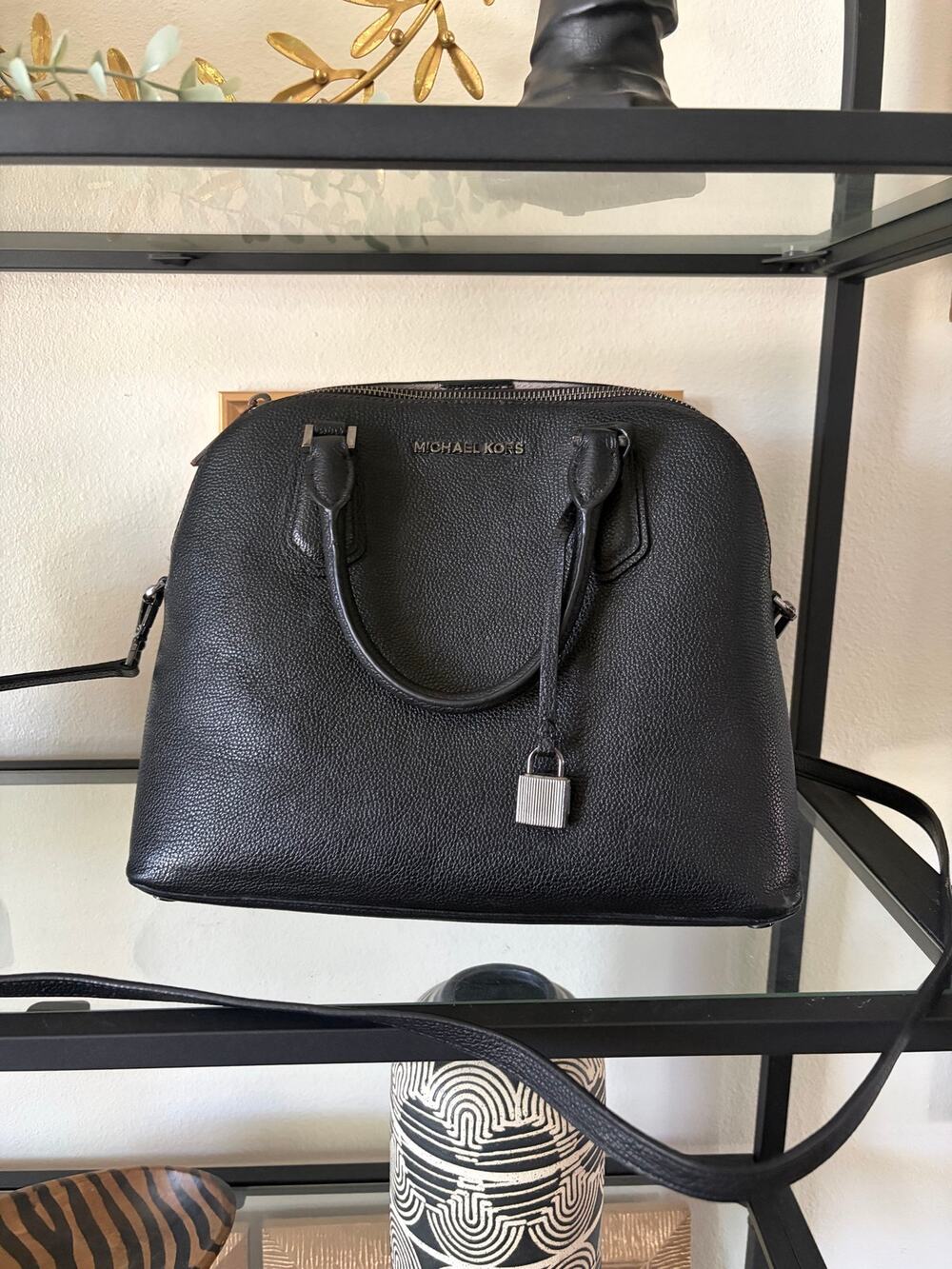 Michael Kors Large Black Pebbled Leather Dome Satchel Crossbody Purse